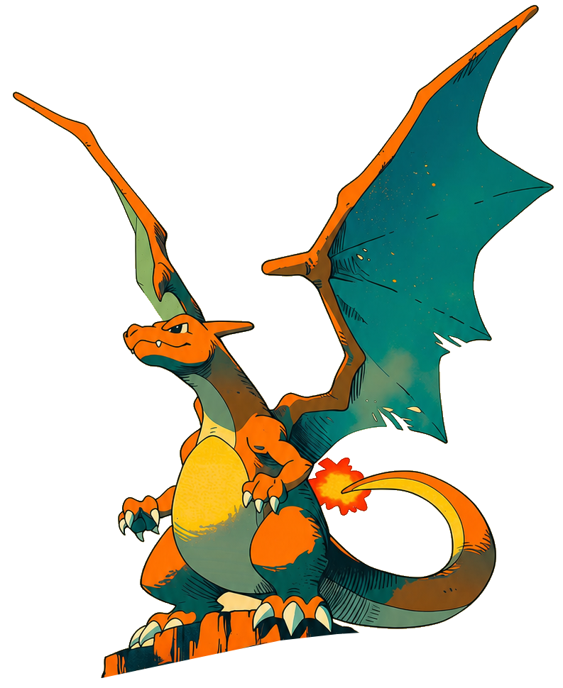 Ilustração estilizada de Charizard, mascote visual do Booster Hunter